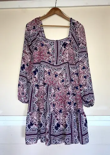 SAVANNA JANE Frilly Patchwork Print Mini Dress Size Medium M Long Sleeve Purple