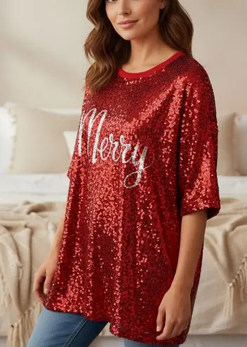 NWT! Christmas Top Red Sequin 'Merry' Top Size undefined