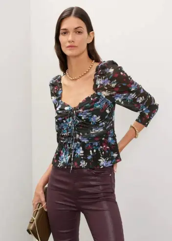 Peter Som Tie Detail Crop Top Floral Long Sleeve Casual Ruched Neutral Black