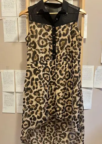 Buttons Leopard Print High Low Sleeveless Dress with