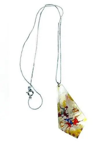 Antique Persian Hand Painted Mother Of Pearl Shell Pendant Nomadic Hunting Scene