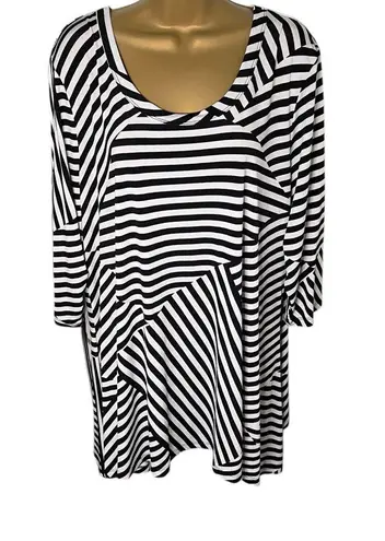 Woman Within Asymmetrical Tunic Top Mixed Stripe Stretch Black White 1X 22/24