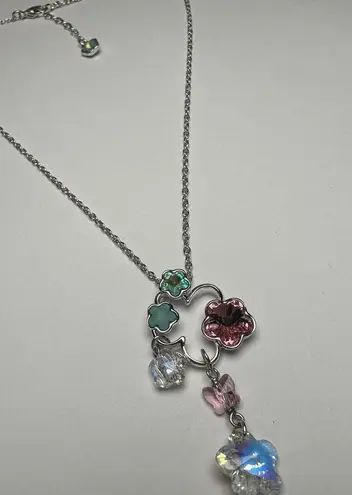 Swavorski Swarovski Crystal Sweet Blossom Pink Blue Aurora Borealis Necklace Silver Tone