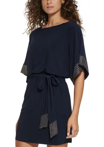 Jessica Howard NWOT Blouson Tie-Waist Dress Navy Blue New Dolman Sleeves Sequins