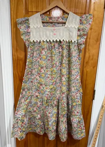 Vintage Floral House Dress Flutter Sleeve Embroidered Yoke Cottagecore Green Size M