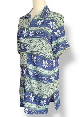 Vintage 90s Top Blue Green Floral Leaf Print Button Up Short Sleeve Shirt Small