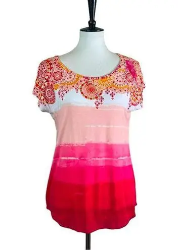Westport Dressbarn Tee Shirt Short Sleeves Pink Multi Metallic Size Medium