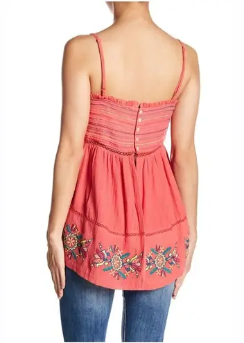 Ban Jara Pintuck Top Embroidered Coral Boho Tank Size S NWT