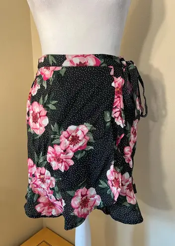 Planet Gold Black White Polka Dot w Pink Floral Faux Wrap Mini Skirt Small