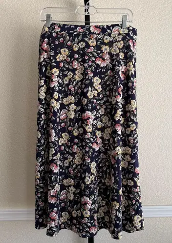 Vintage Inspired Navy Blue Floral Print Bohemian A Line Midi Flowy Casual Skirt Black Size L