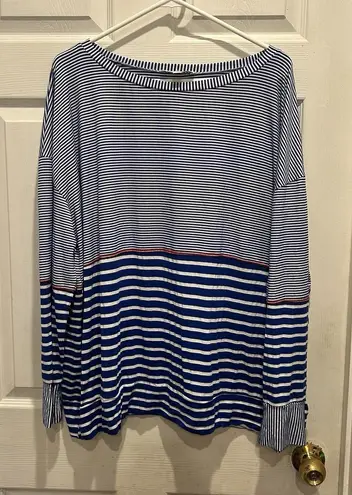 Weekend Suzanne Betro Striped Boat Neck Long Sleeve Top Plus Size 3X Blue White