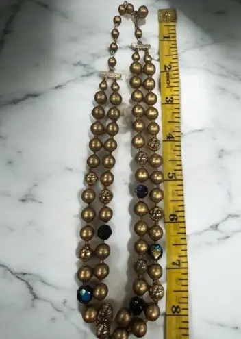 Vintage 3 Strand Gold Tone Beaded Choker Necklace Blue Beads