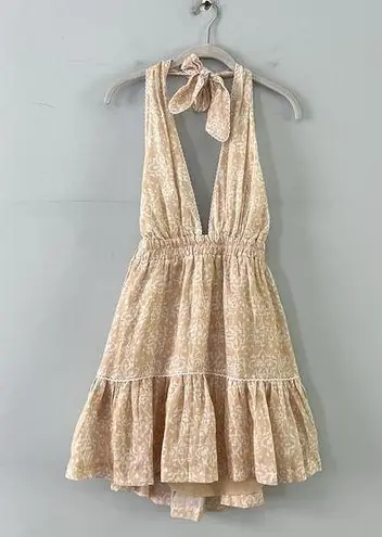 NWT Mon Renn Havana Crochet Print Tan Linen Halter Mini Dress White Size M
