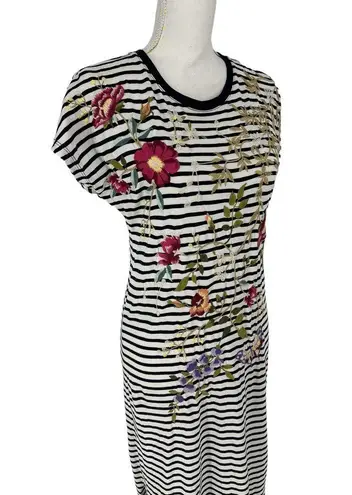 Johnny Was Osaka Striped Embroidered Short Sleeve Midi Dress