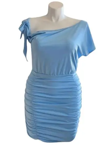 VIDUSSA Women Light Blue One Shoulder Ruched Bodycon Mini Dress Trendy Chic Size M