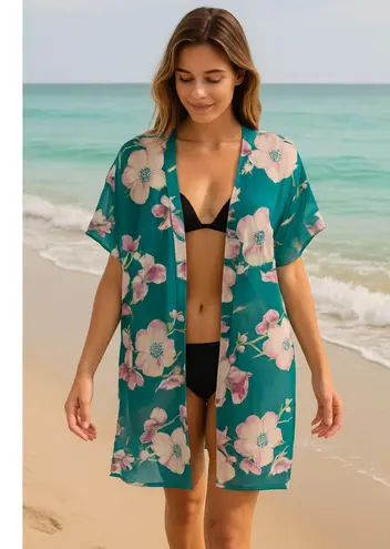 Women’s One Size Sheer Floral Kimono Cardigan Cover Up Teal Floral Lightweight Blue Size L