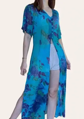 Vintage 90s/y2k Phool sheer duster mesh overdress/swim coverup caftan Medium Blue