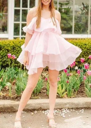Khan Pink Strapless Tiered Organza Babydoll Mini Dress Medium