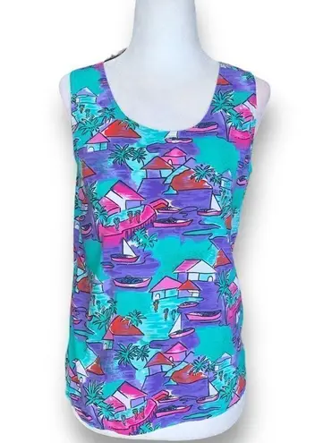 Vintage Petite Notations Tank Top Purple Pink Tropical Beach Palm Print Green Size undefined
