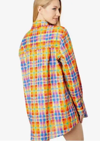 We Wore What NWT  Plaid Rainbow Dad Shirt Oversized Button Down Colorful Swim sz M