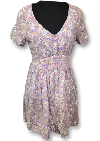 Hesperus Pink and Purple Floral Short Sleeve V-Neck Mini Sundress