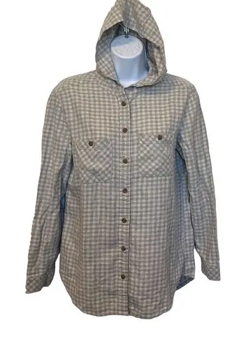 Treasure & Bond Grey Cream Plaid Long Sleeve Button Down Hoodie XS 100% Cotton