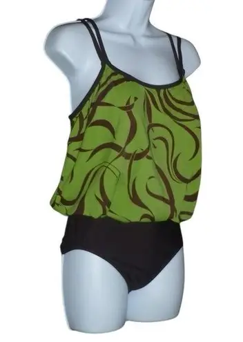 Mainstream Green & Brown One Piece Swimsuit, Blouson, Double Strap, Lined, 8 NWT
