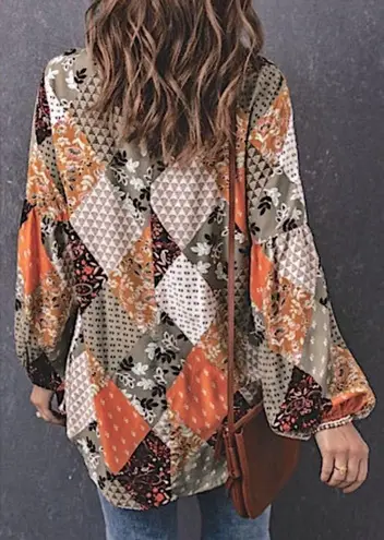NEW Patchwork Print Mixed Boho Floral Tunic Length Lantern Sleeve Blouse