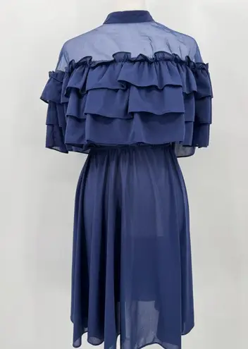 Vintage 80s Midi Party Dress Navy Blue Off Shoulder Layered Ruffles Sheer Yoke Size M