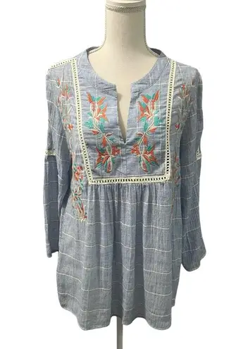 Monoreno Embroidered Floral Woven Cotton Lightweight Long Sleeve Tunic Top Shirt