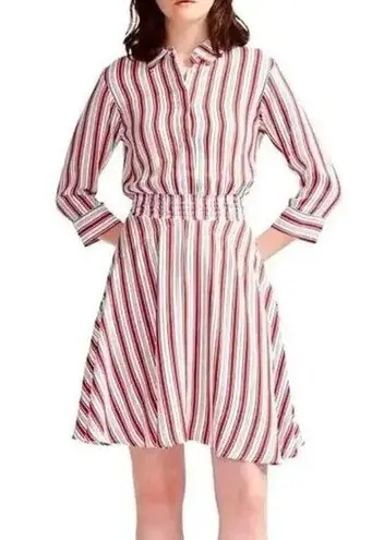 Maje  Red Striped Resha Imprime Smocked Waist Shirt Dress Size 4 (XL)