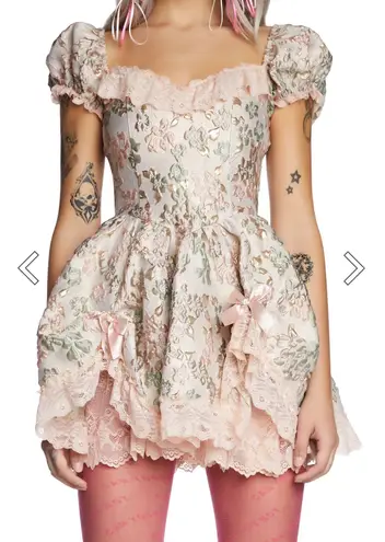 Dolls Kill Floral Jacquard Mini Dress With Lace And Bows And Puff Sleeves