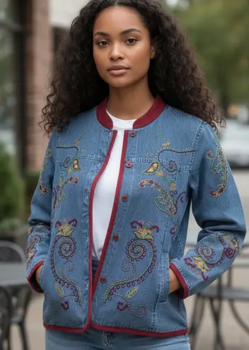 Denim & Co Denim Embroidered Paisley Jacket Trim Collar Boho Artsy Pockets Women Small