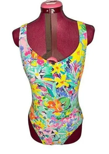 Jantzen one piece swimsuit floral high cut green yellow orange bright