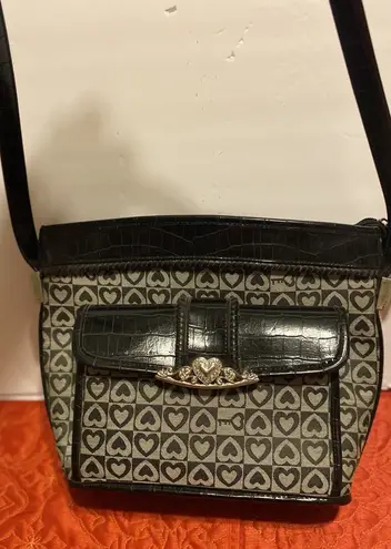 Faux Alligator & Fabric Handbag, Embossed Hearts Blackw/ Silver Heart Accents