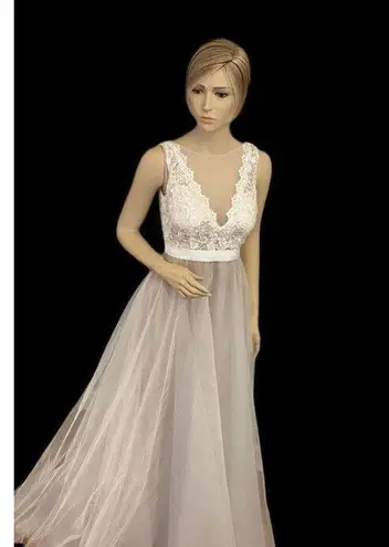 Hebeos wedding dress white lace and tool over champagne sz 2