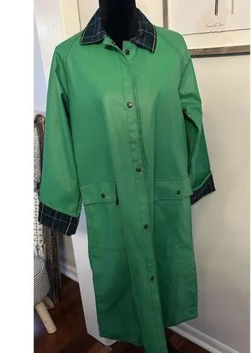 VTG 80s Lot One Inc of Boston Green Rain Coat PVC Tartan Liner Medium ROCKABILLY