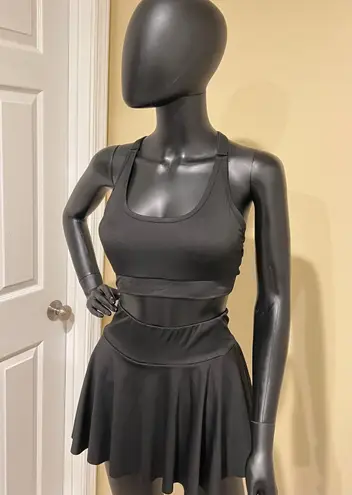 Two pieces Gym Set High Waist Mini Skort Built In Shorts Sport Bea Bustier Top Black