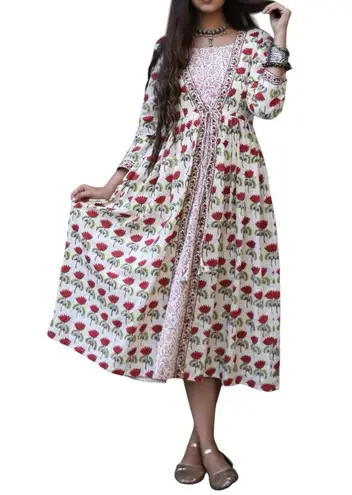 Red Lotus Print Kurti Jacket Dress by Rivaaj Size XXL