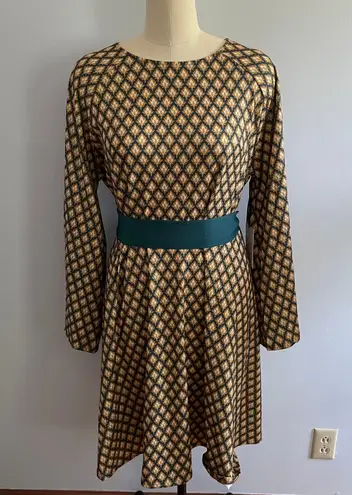 Unique Vintage Blue/Green & Gold Deco Motif Print Flare Dress- Size 3X (20)- NWT