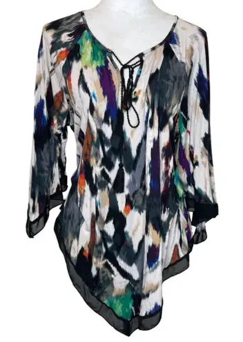 cha cha vente Cascade Abstract Scoop Neck Cut Out Tie Up Top Blouse XL