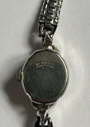 Longine women’s vintage dainty 1960’s silver green crystal/stone watch (jade?)