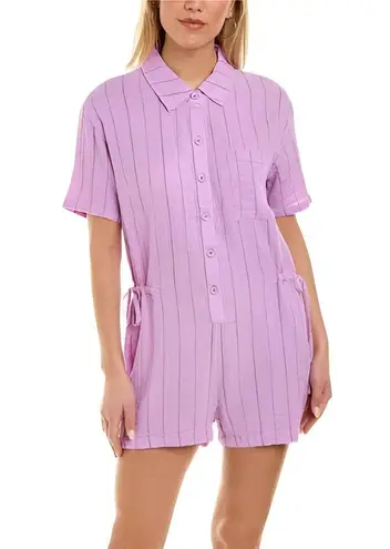 Monrow Womens Boho Pinstripe Gauzy Cotton Collared Shirt Romper Size L Lavender Purple Size L