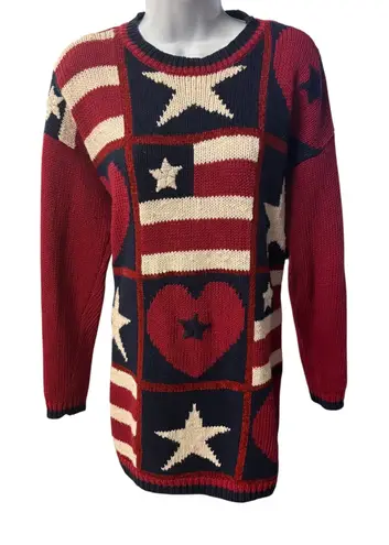 Marsh Landing Knit Sweater Top American Flag Star Heart Patriotic Red Small VTG - Image 1