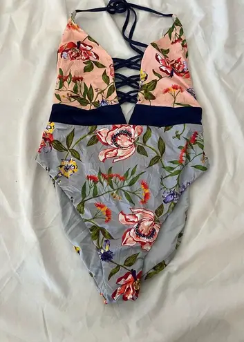 Bikini Lab New Women's plunge halter one piece swimwear pink/blue/floral XL