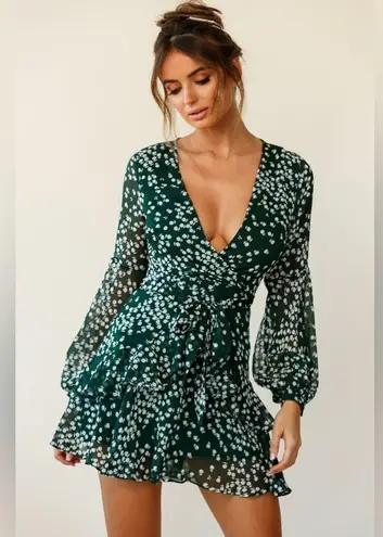 Allison New York layered balloon sleeve faux wrap floral dress in forest green Size XS