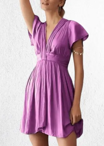 Anthropologie | Vibrant Purple Satin Finish Mini Dress with Deep V-Neckline