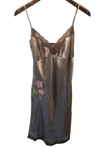 Gold Hawk 100% SILK Dainty Lace Trimmed Mini Slip Dress M Embroidered Flowers Tan Size M