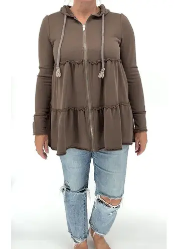 PaperMoon Womens Small Tiered Ruffled Zip Up Hooded Drawstring Top Brown Jacket