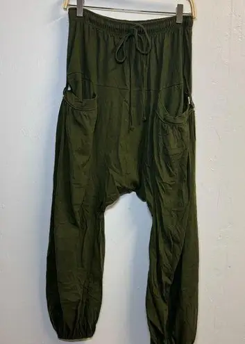 Green harem pants XS / S cotton pockets drawstring